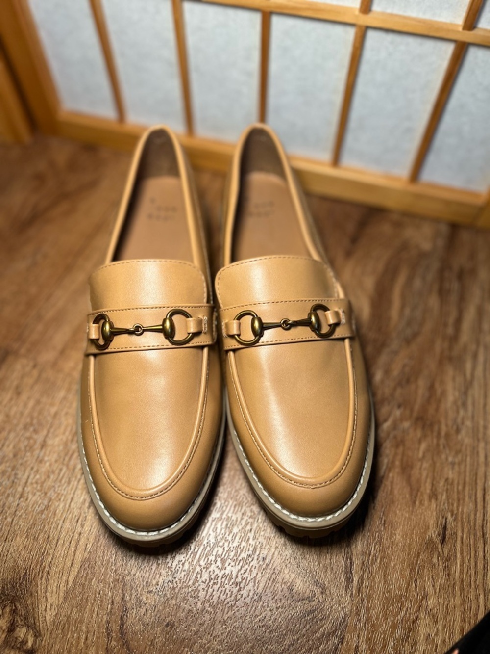 A New Day Tan Chunky Lug Sole Loafers Size 8 Gold Horsebit Slip On Shoes